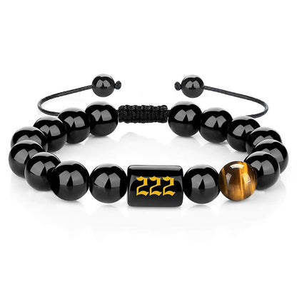 Buddha Stones Angel Number Natural Black Obsidian Tiger Eye Strength Fulfillment Bracelet