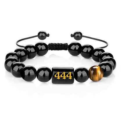 Buddha Stones Angel Number Natural Black Obsidian Tiger Eye Strength Fulfillment Bracelet