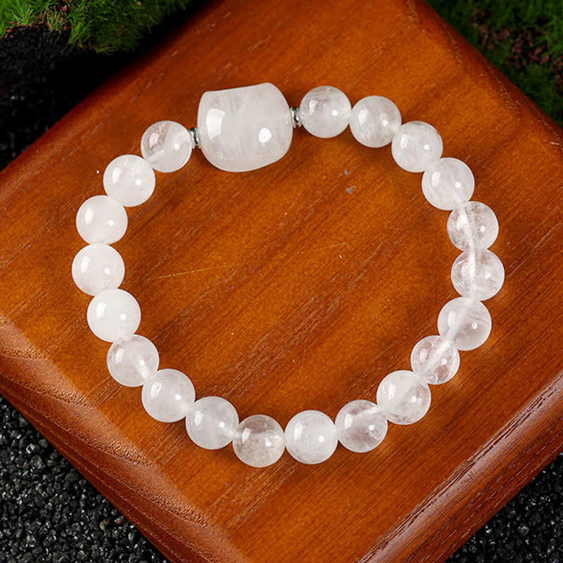 Buddha Stones Cat Design Blue Lace Agate Clear Quartz Beaded Bracelet
