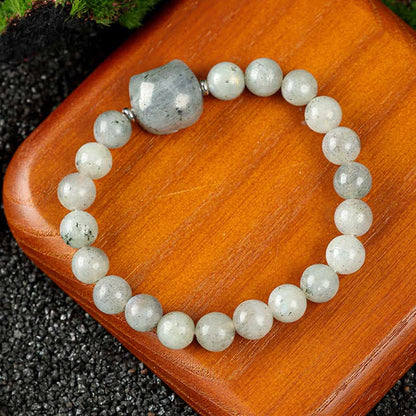 Buddha Stones Cat Design Blue Lace Agate Clear Quartz Beaded Bracelet