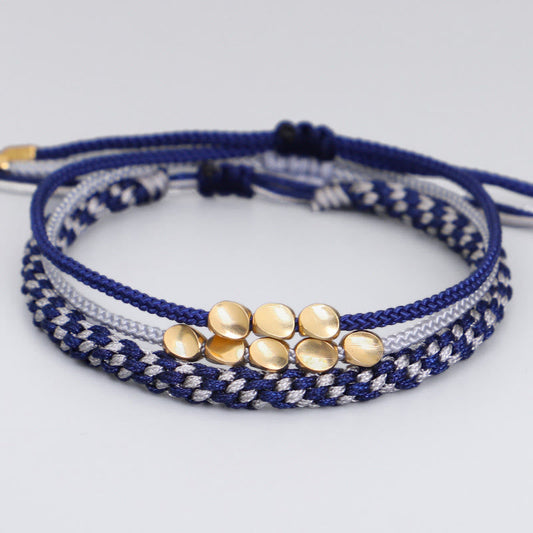 Buddha Stones 3pcs Blue Gray String Golden Copper Beads Self Care Bracelet