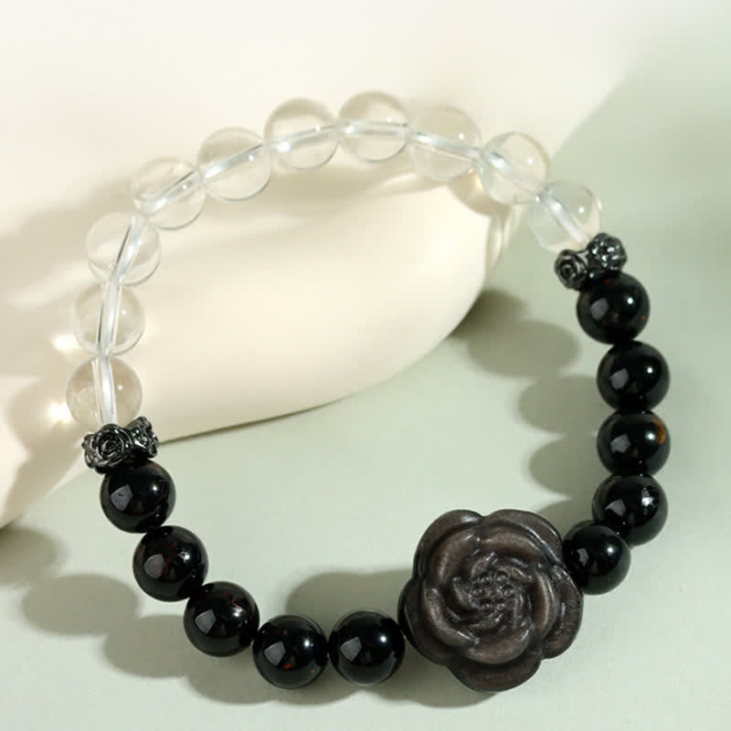 Buddha Stones Black Tourmaline Clear Quartz Carved Rose Flower Design Focus Bracelet
