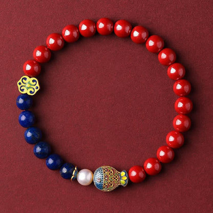 Buddha Stones Cinnabar Lapis Lazuli Koi Fish Ruyi Cloud Charm Blessing Beaded Bracelet