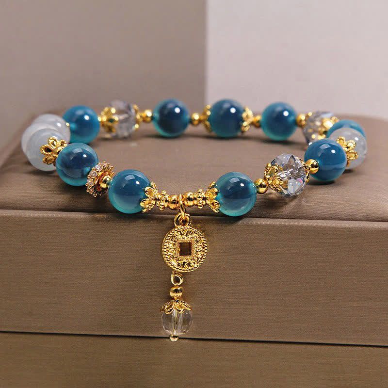 Buddha Stones Blue Natural Candy Agate Copper Coin Balance Bracelet