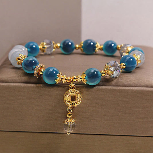Buddha Stones Blue Natural Candy Agate Copper Coin Balance Bracelet