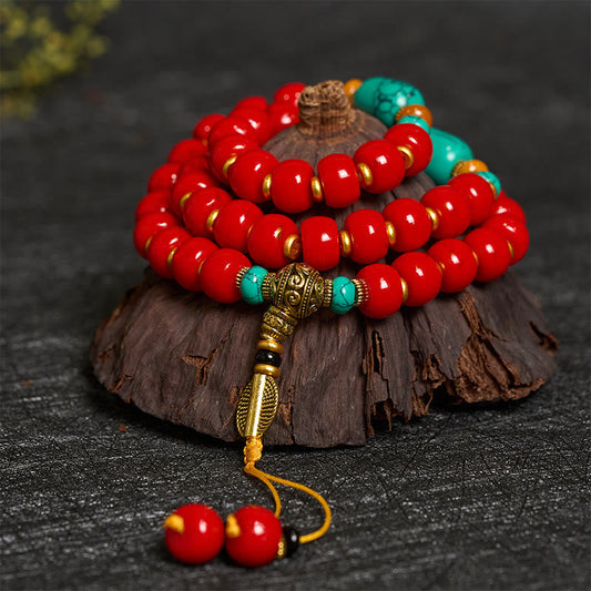 Buddha Stones Tibetan Red Agate Turquoise Confidence Beaded Bracelet