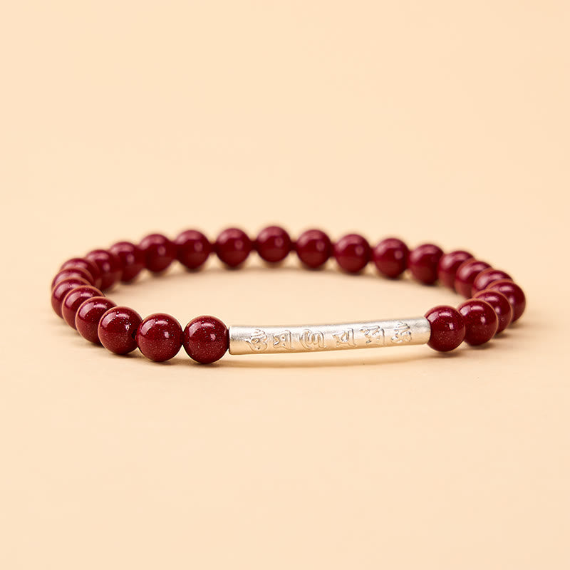Buddha Stones Cinnabar 999 Sterling Silver Om Mani Padme Hum Wisdom Bracelet