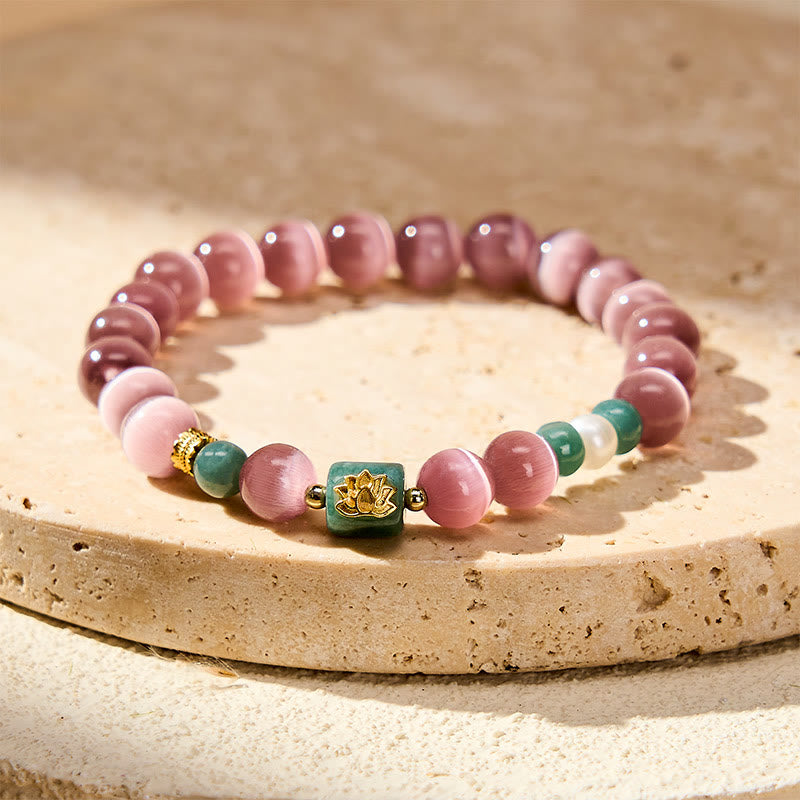 Buddha Stones Purple Cat's Eye Lotus Symbol Enlightenment Bracelet