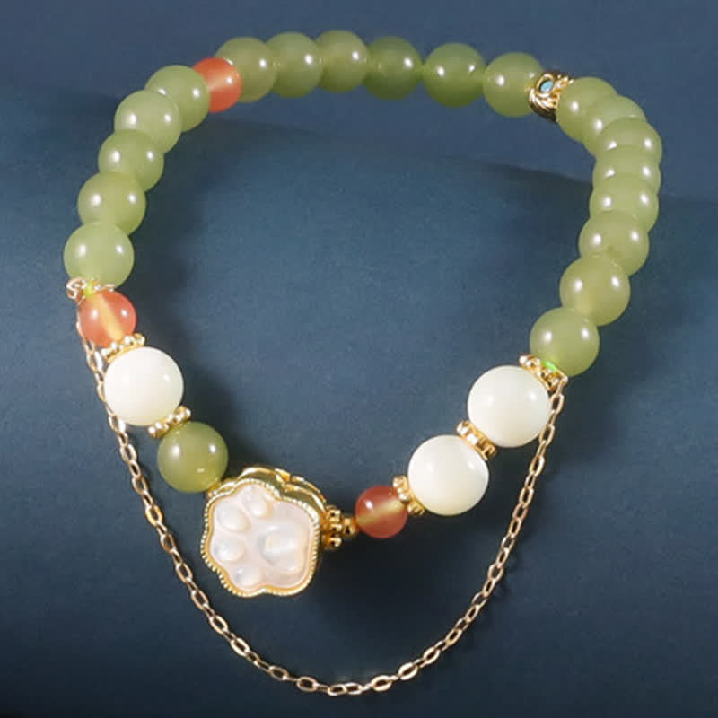 Buddha Stones Natural Hetian Jade Tridacna Stone Cat Paw Design Prosperity Bracelet