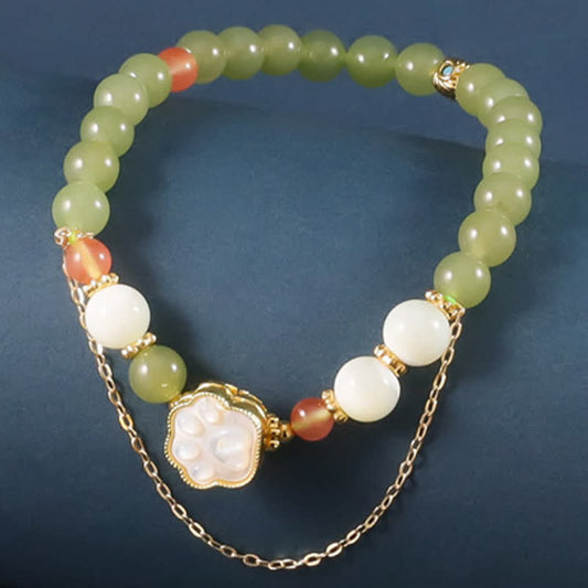 Buddha Stones Natural Hetian Jade Tridacna Stone Cat Paw Design Prosperity Bracelet