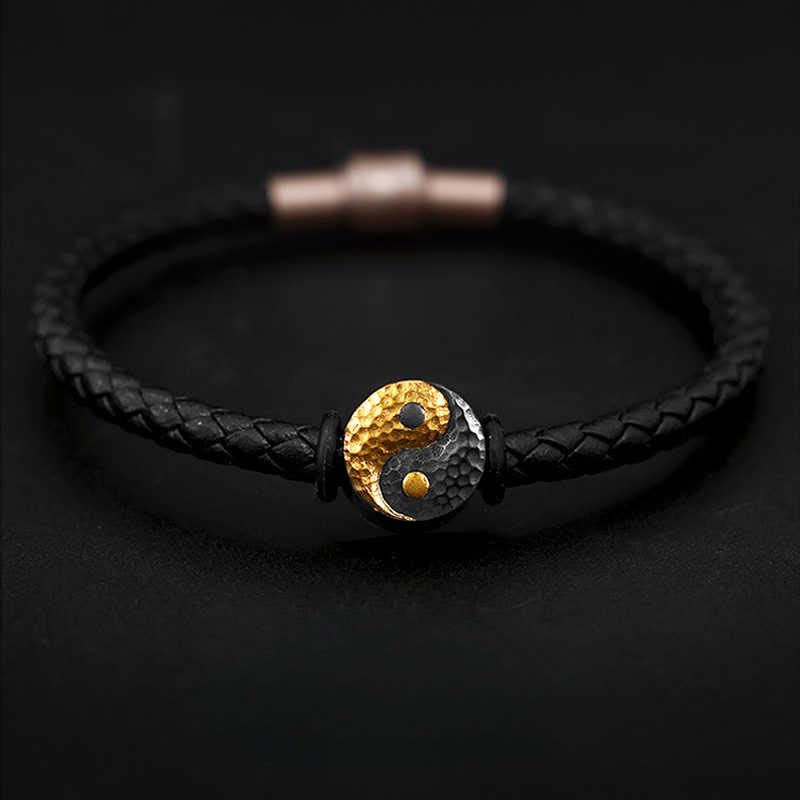 Buddha Stones 925 Sterling Silver 999 Gold Yin Yang Bagua Symbol Balance Leather Bracelet