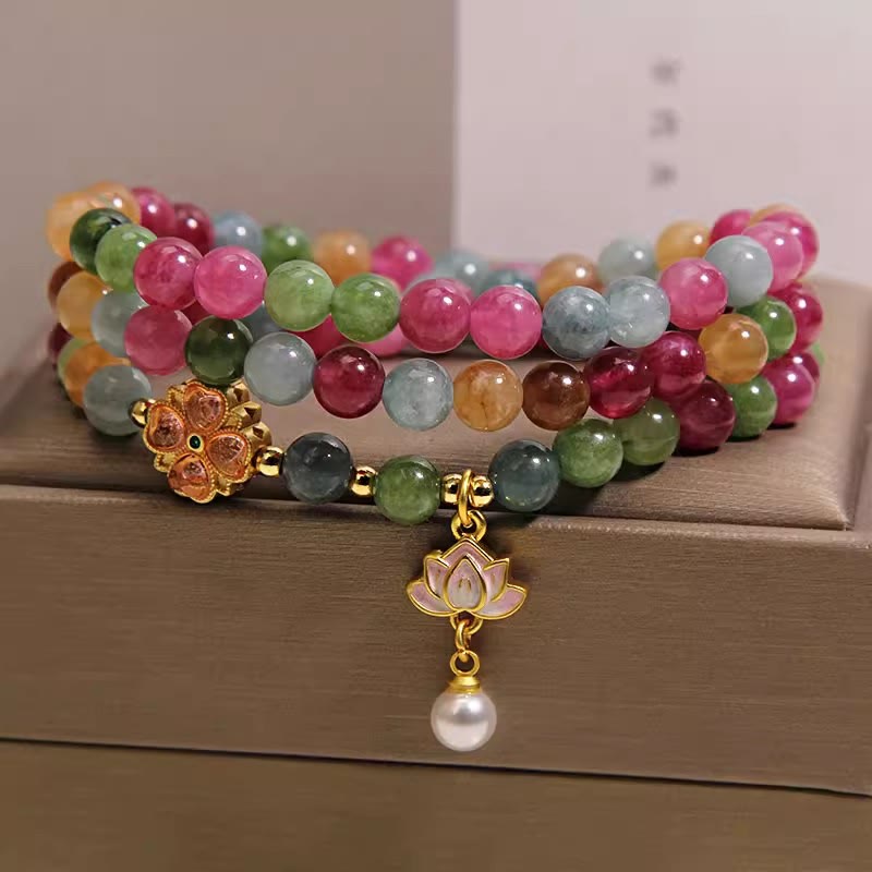 Buddha Stones Rainbow Tourmaline Lotus Wisdom Triple Wrap Beaded Charm Bracelet