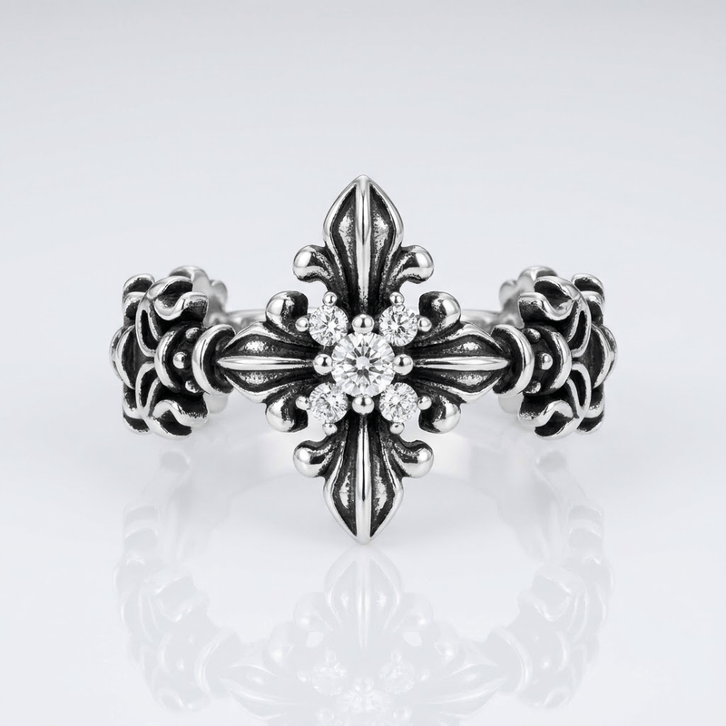 Retro Zircon Royalty Cross Ring - (adjustable)
