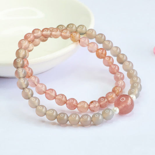 Buddha Stones Strawberry Quartz Gray Agate Double Wrap Positive Bracelet