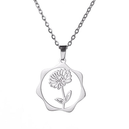 Buddha Stones Titanium Steel Birth Flower Lotus Enlightenment Pendant Necklace