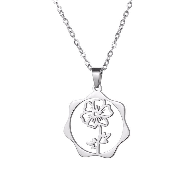 Buddha Stones Titanium Steel Birth Flower Lotus Enlightenment Pendant Necklace