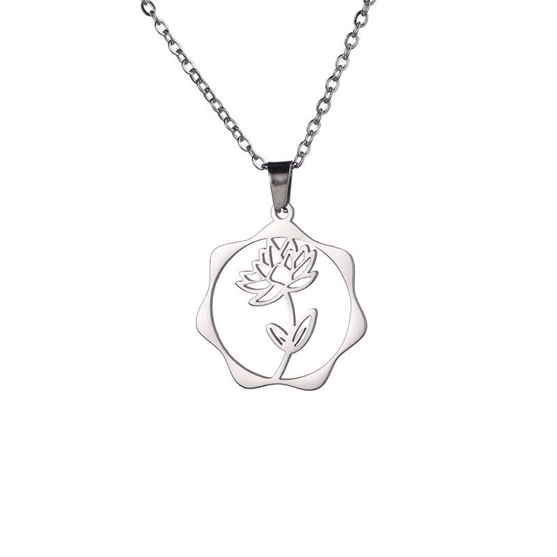 Buddha Stones Titanium Steel Birth Flower Lotus Enlightenment Pendant Necklace