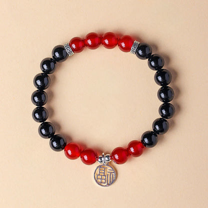 Buddha Stones Black Onyx Fu Character Beaded Luck Bracelet