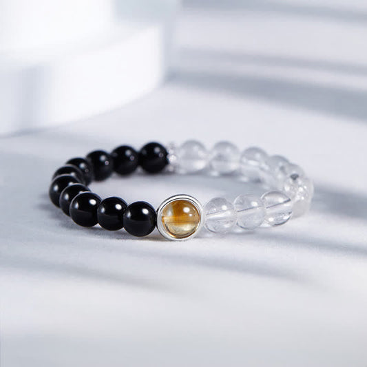 Buddha Stones Clear Quartz Black Obsidian Protection Bracelet