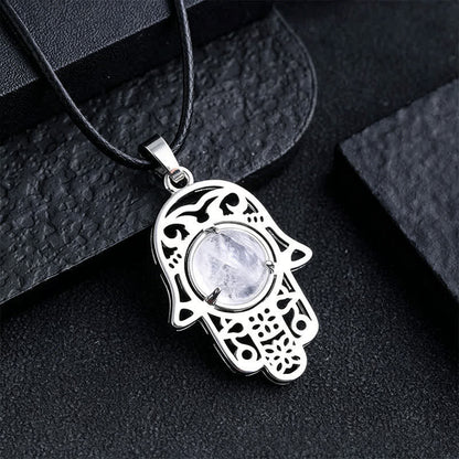 Buddha Stones Natural Black Obsidian Hamsa Palm Inlay Crystal Strength Necklace