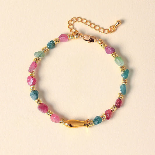 Buddha Stones Rainbow Tourmaline Koi Fish Positive Rough Cut Bracelet
