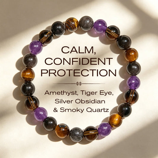 Buddha Stones Natural Amethyst Tiger Eye Black Obsidian Smoky Quartz Healing Bracelet