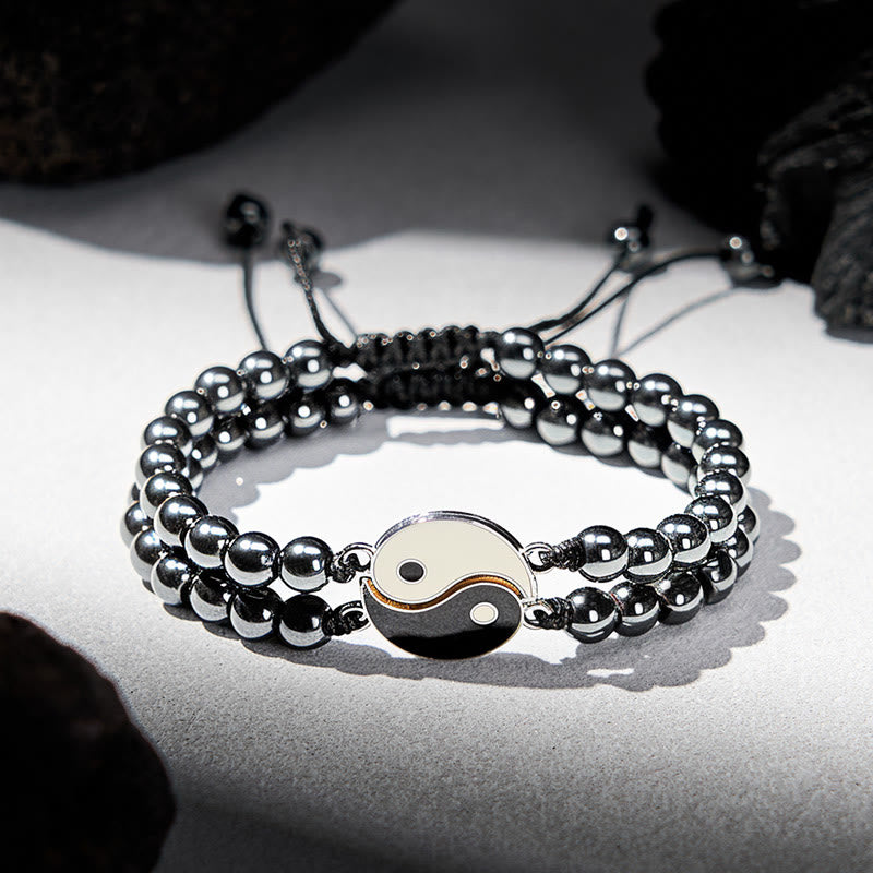 Buddha Stones Yin Yang Hematite Frosted Stone Lava Rock Support Bracelet