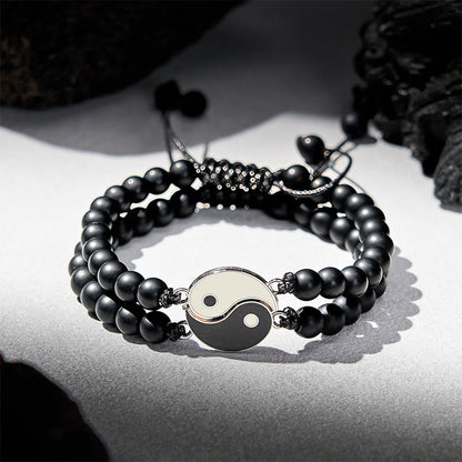 Buddha Stones Yin Yang Hematite Frosted Stone Lava Rock Support Bracelet