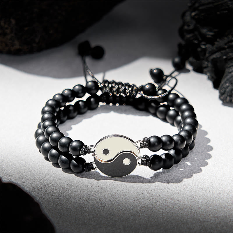 Buddha Stones Yin Yang Hematite Frosted Stone Lava Rock Support Bracelet