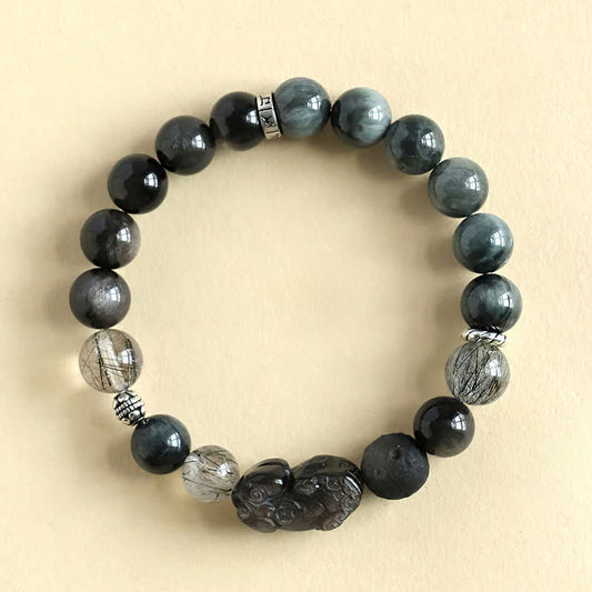 Buddha Stones Strawberry Quartz and Silver Sheen Obsidian Pixiu Love Hand Carved Couples Bracelet