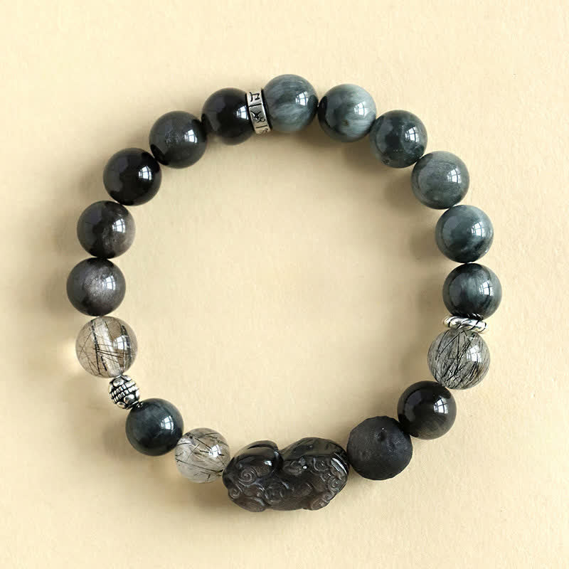 Buddha Stones Strawberry Quartz and Silver Sheen Obsidian Pixiu Love Hand Carved Couples Bracelet