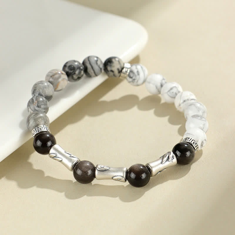 Buddha Stones 999 Sterling Silver White Turquoise and Silver Sheen Obsidian Bamboo Grounding Round Bracelet