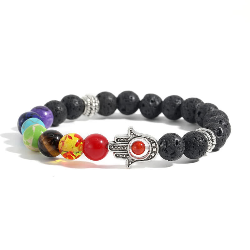 Buddha Stones Lava Rock Hamsa Palm Protection Handcrafted Round Bracelet
