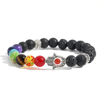 Buddha Stones Lava Rock Hamsa Palm Protection Handcrafted Round Bracelet