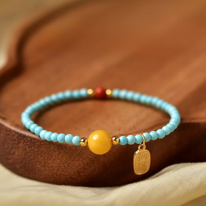 Buddha Stones Turquoise Fu Character Luck Handcrafted Beaded Bracelet