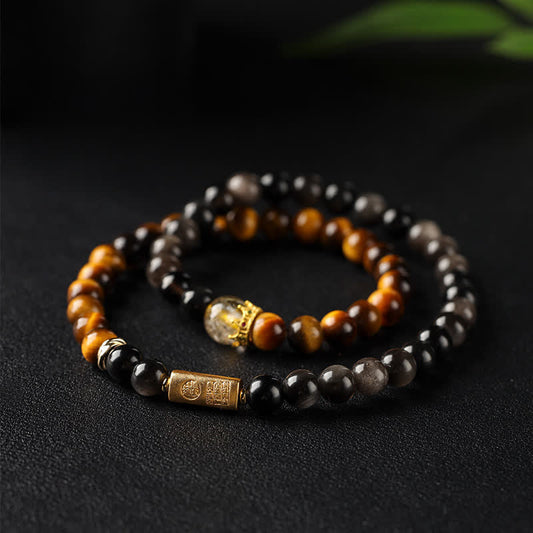 Buddha Stones Tiger Eye Silver Sheen Obsidian Prosperity Hand-woven Double Wrap Bracelet
