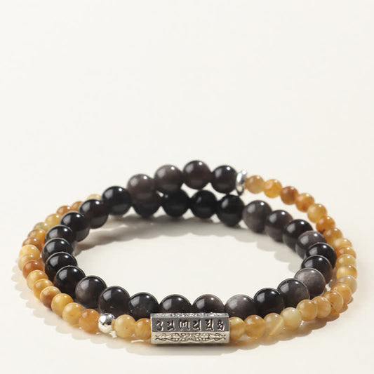 Buddha Stones Silver Sheen Obsidian Om Mani Padme Hum Grounding Double Wrap Bracelet