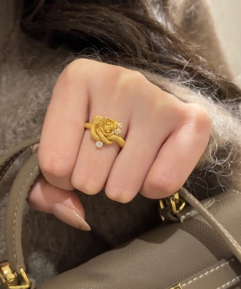 Unique Gold Sterling Silver Overgild Zircon Rose and Snake Rings