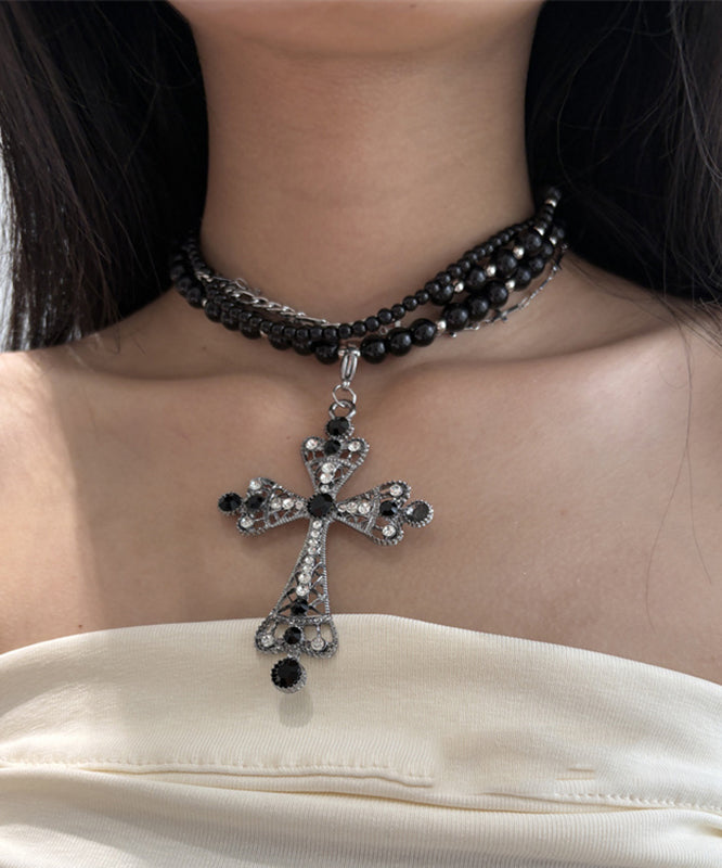 Black Metal Alloy Zircon Multilayer Beads Cross Gratuated Bead Necklace