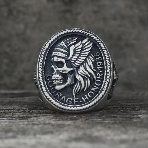 1936 Pirate Skull Sailboat Eagle Sterling Silver Ring