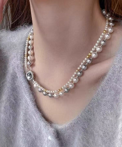 Colorblock Sterling Silver Zircon Double Layer Pearl Square Gratuated Bead Necklace