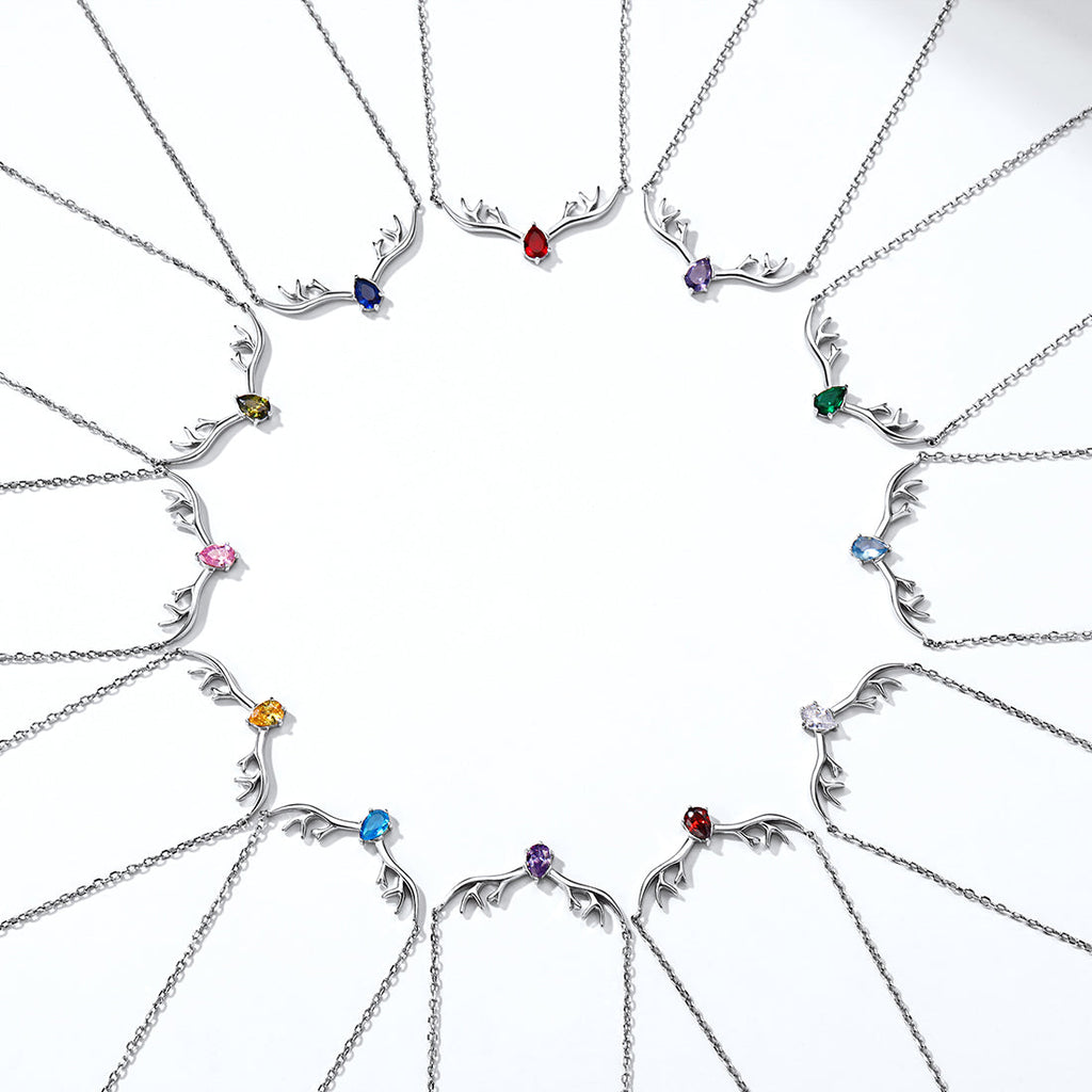 925 Sterling Silver Birthstone Deer Antler Necklace for