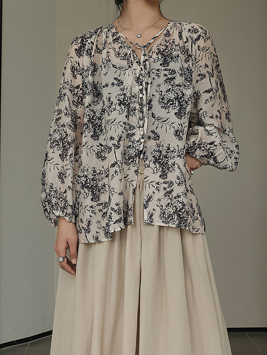 Artsy Drawstring Ornate Button Leaf Print Shirt