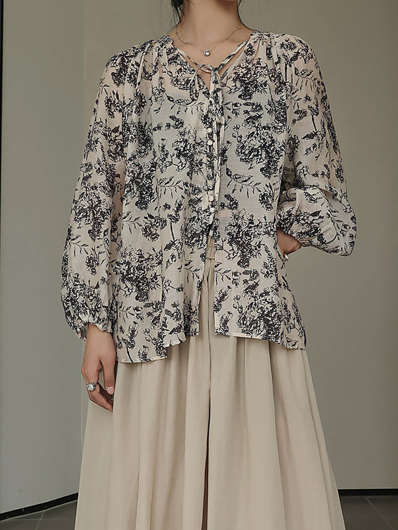 Artsy Drawstring Ornate Button Leaf Print Shirt
