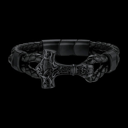 Viking Black Engraved Leather Braided Wristband Bracelet for