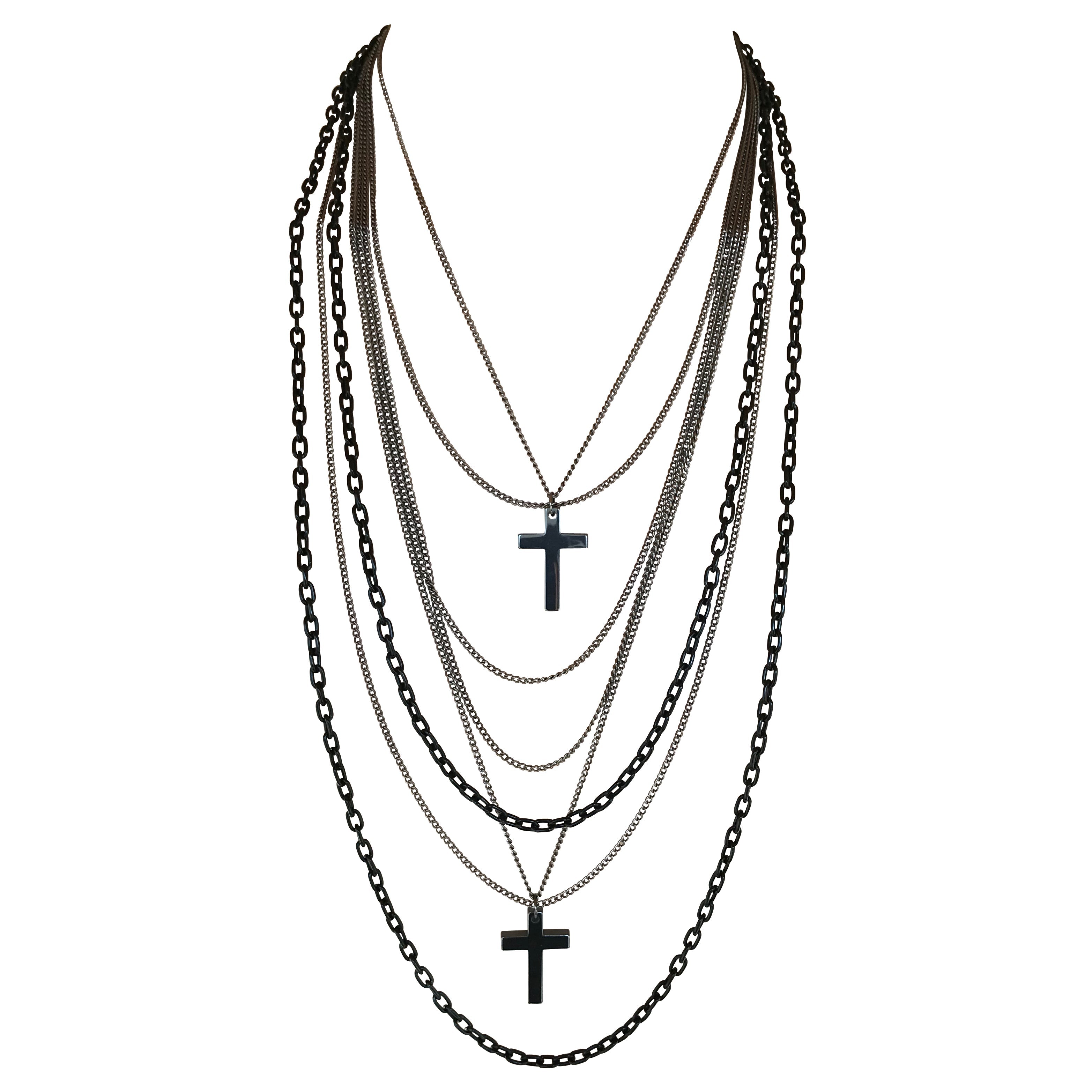 Deluxe Gothic 80's Madonna Retro Multilayer Gunmetal Crosses Long Multi Strand Black Chain Necklace