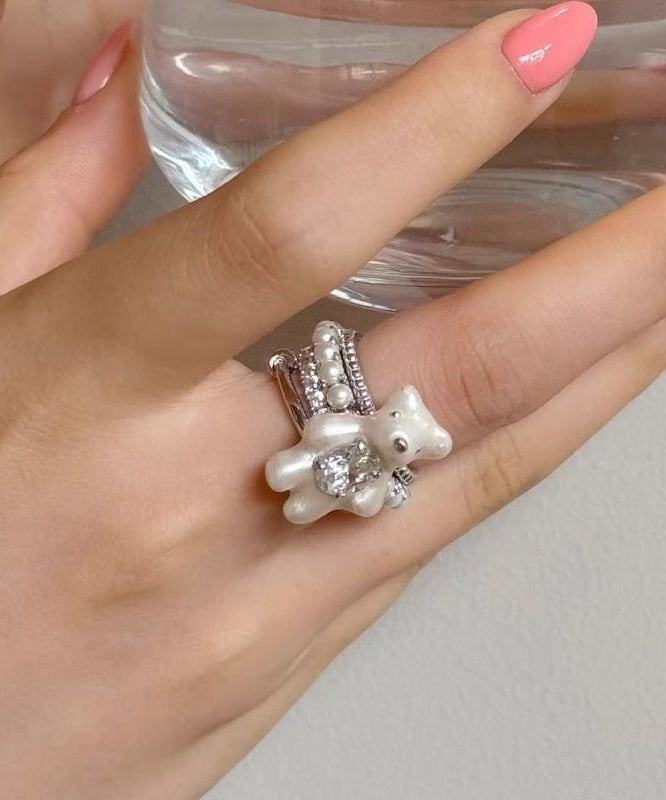 Diy White Stainless Steel Zircon Layered Little Bear Rings