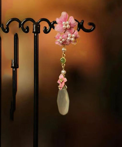 Chinese Style Pink Sterling Silver Overgild Tassel Drop Earrings