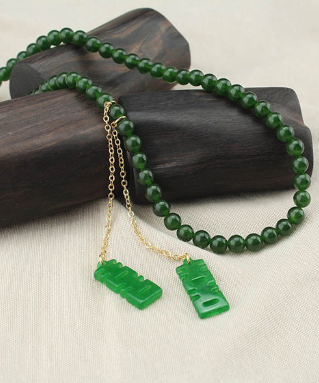 Tea Green Sterling Silver Overgild Jade Beading Double Happiness Tassel Pendant Necklace