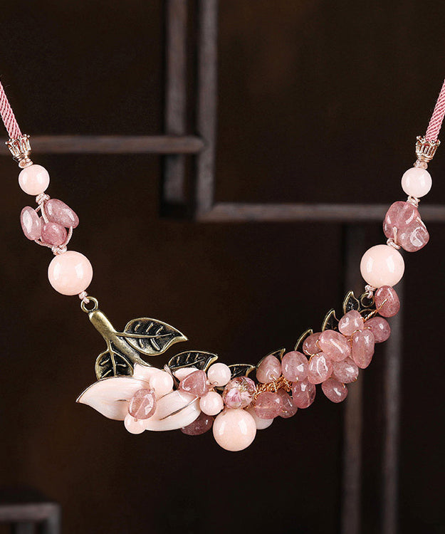 Pink Copper Overgild Cloisonne Coloured Glaze Strawberry Crystal Gratuated Bead Necklace